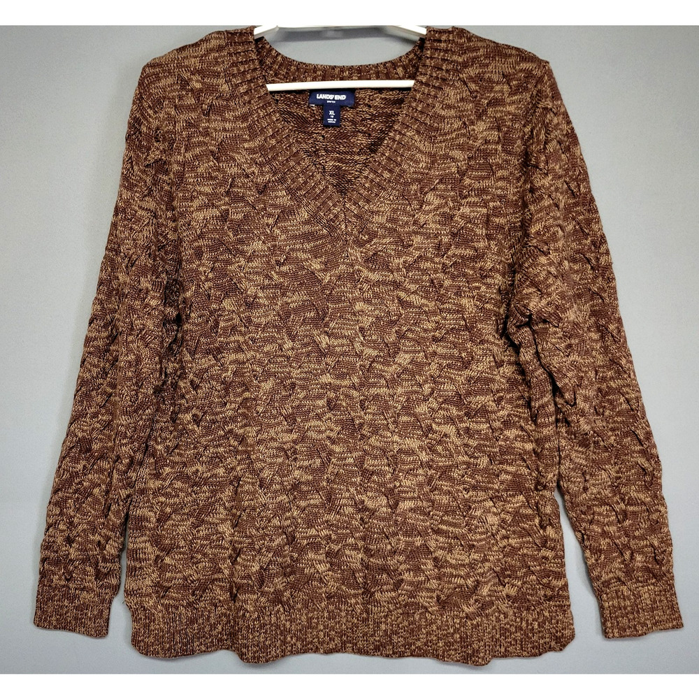 Lands' End Cable Knit Sweater Womens‎ XL 18 Brown Marled Drifter V Neck Pullover